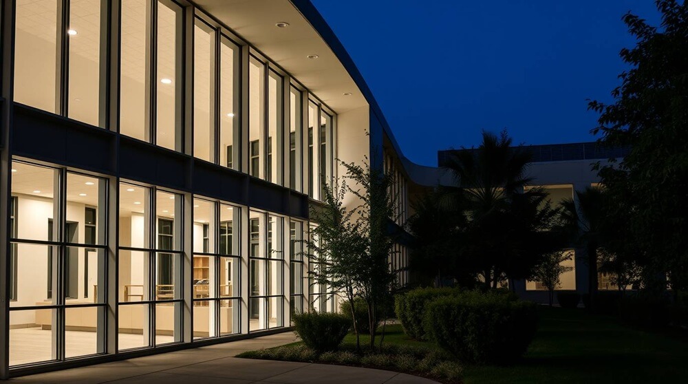 A contemporary school building with large aluminium tilt-and-turn windows, ensuring safety and energy efficiency.