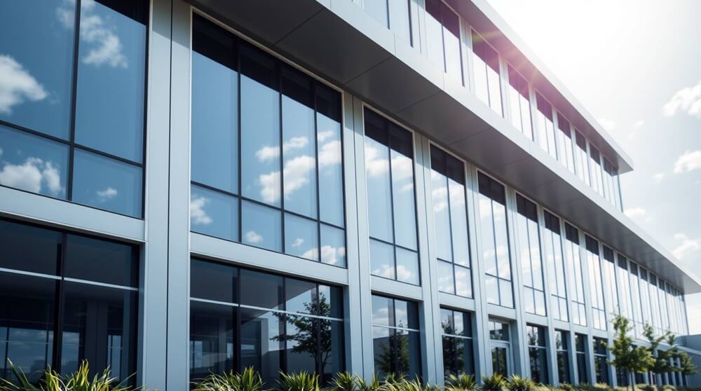 A modern office building with large aluminium-framed windows reflecting the sky, representing Shelforce’s durable and energy-efficient aluminium window solutions.