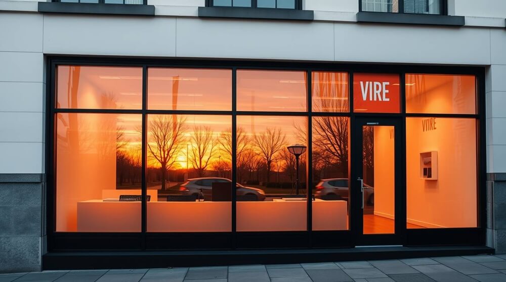 A sleek retail shopfront with large aluminium-framed windows, showcasing modern design and security for commercial spaces.