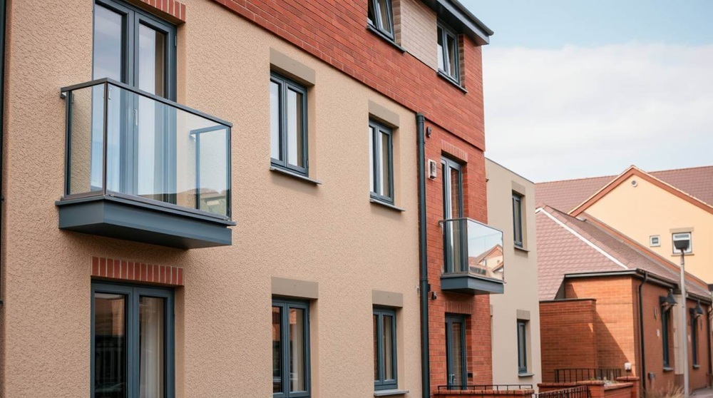 A modern social housing complex with grey aluminium casement windows, designed for energy efficiency and security.