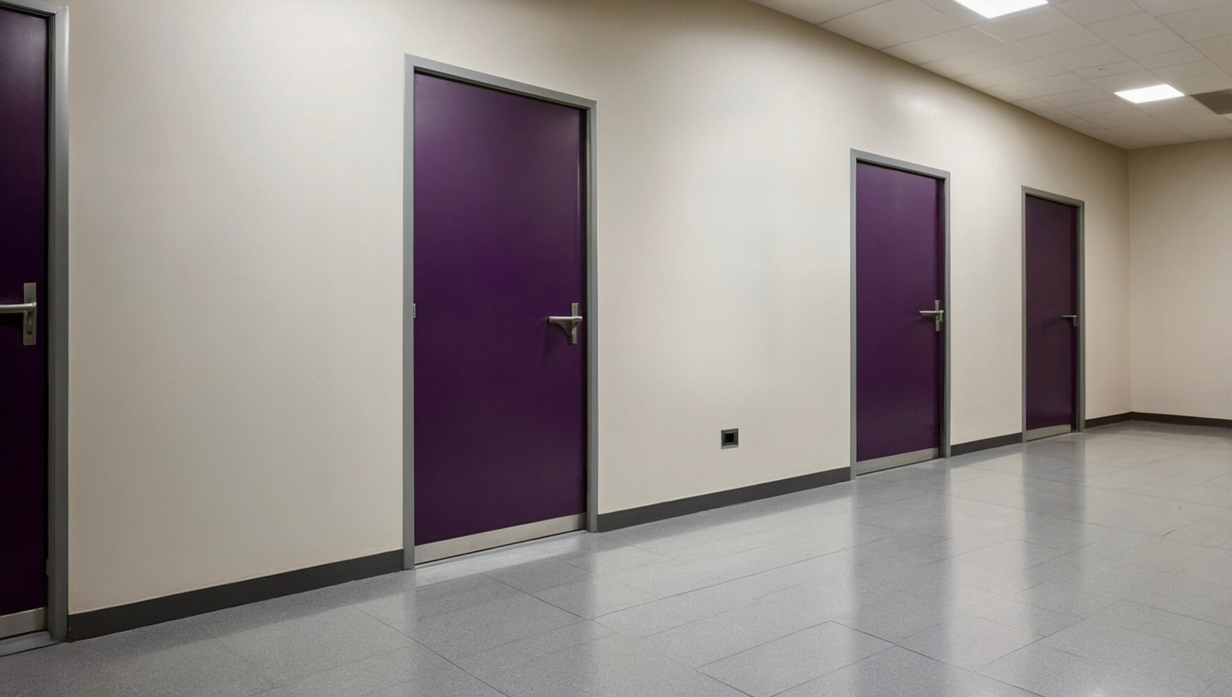 Purple fire-rated doors in a UK school corridor, installed for fire safety and compliance with UK regulations.